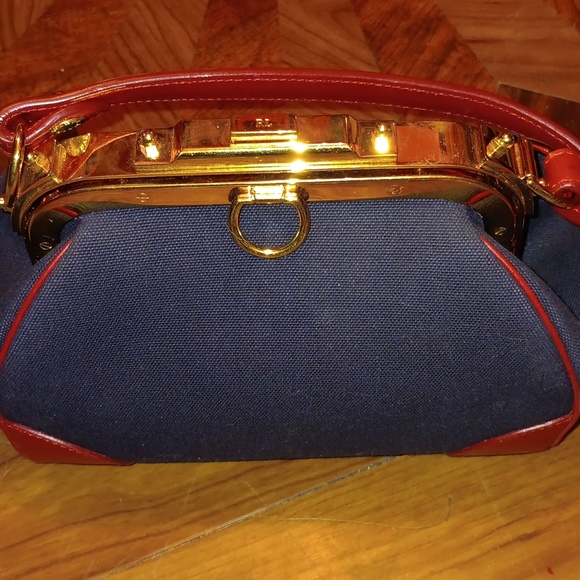 NWOT RALPH LAUREN RED LEATHER/NAVY FABRIC HANDBAG - Picture 6 of 10
